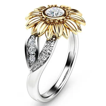 Anillos De Acero Inoxidable Exquisite Women's Two Tone  Floral Ring Round  Sunflower бижутерия	 бижутерия люкс качества
