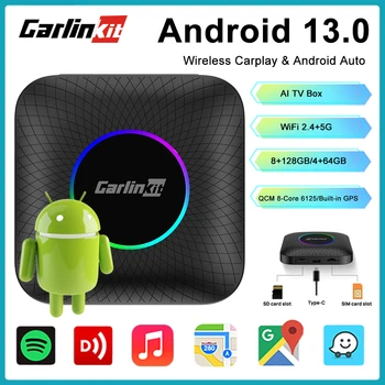 Carlinkit Smart TV Box 64/128 ГБ Android 13 Беспроводной автоматический адаптер Android QCM6225 8-ядерный для Youtube Netflix Ai Box Автомобильный плеер