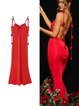 TRAF Сексуальное Женское Однотонное Длинное Платье С Открытой Спиной 2023 Элегантное Женское Тонкое 3D Цветочное Платье На Бретельках Модное Красное Вечернее Платье