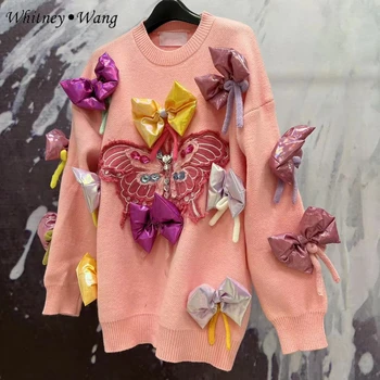 Дизайнерский стиль WHITNEY WANG 2023, Осенне-зимняя мода, Уличная одежда, Вышивка бабочек, 3D Милые бантики, Свитер, Женский пуловер