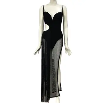 Модные летние платья-халатики с бретельками, Пикантные черные сетчатые повязки с кисточками в стиле Пэчворк, Облегающие платья с высоким разрезом для вечеринок