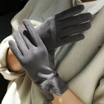 Осенне-зимние женские замшевые перчатки, женские теплые перчатки с раздельными пальцами, модные перчатки для катания на лыжах, спортивные перчатки на открытом воздухе с плюшевым мячом