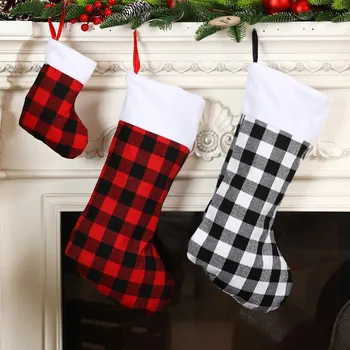 Рождественские Носки Красный И Черный Льняной Клетчатый Чулок Рождественское Украшение Для Дома 2023 Рождественское Украшение Для Елки Подарок Navidad Natal 2024