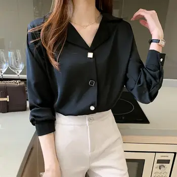 Рубашка с черным пятном на пуговицах, весенне-летняя модная блузка 2023, рубашка с длинным рукавом и отложным воротником для женщин, однотонная повседневная одежда
